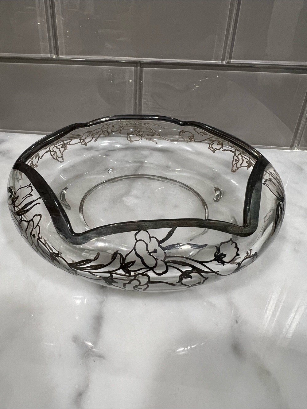 Vintage Clear Glass Decorative Bowl with Floral Silver Accents